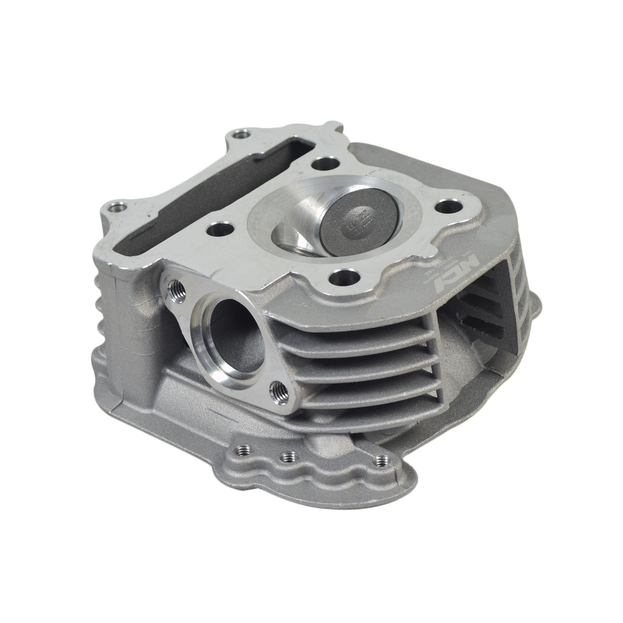 Big Valve Cylinder Head for 150cc GY6 Engines, a silver metal object with a round hole and multiple holes, designed to improve cylinder breathing for Buddy 150/GY6 scooters.