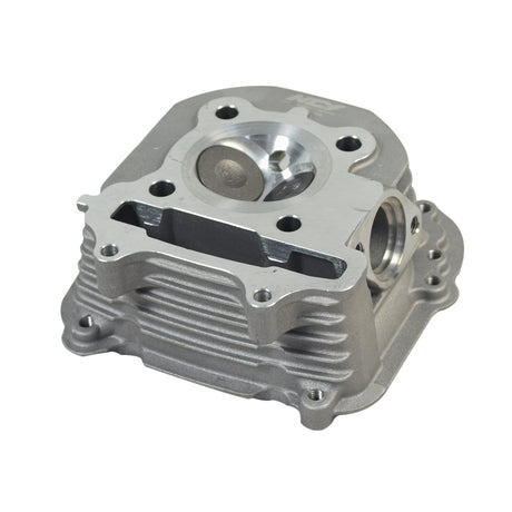 Big Valve Cylinder Head for 150cc GY6 Engines, featuring a silver metal design with multiple holes, designed to improve cylinder airflow and performance.