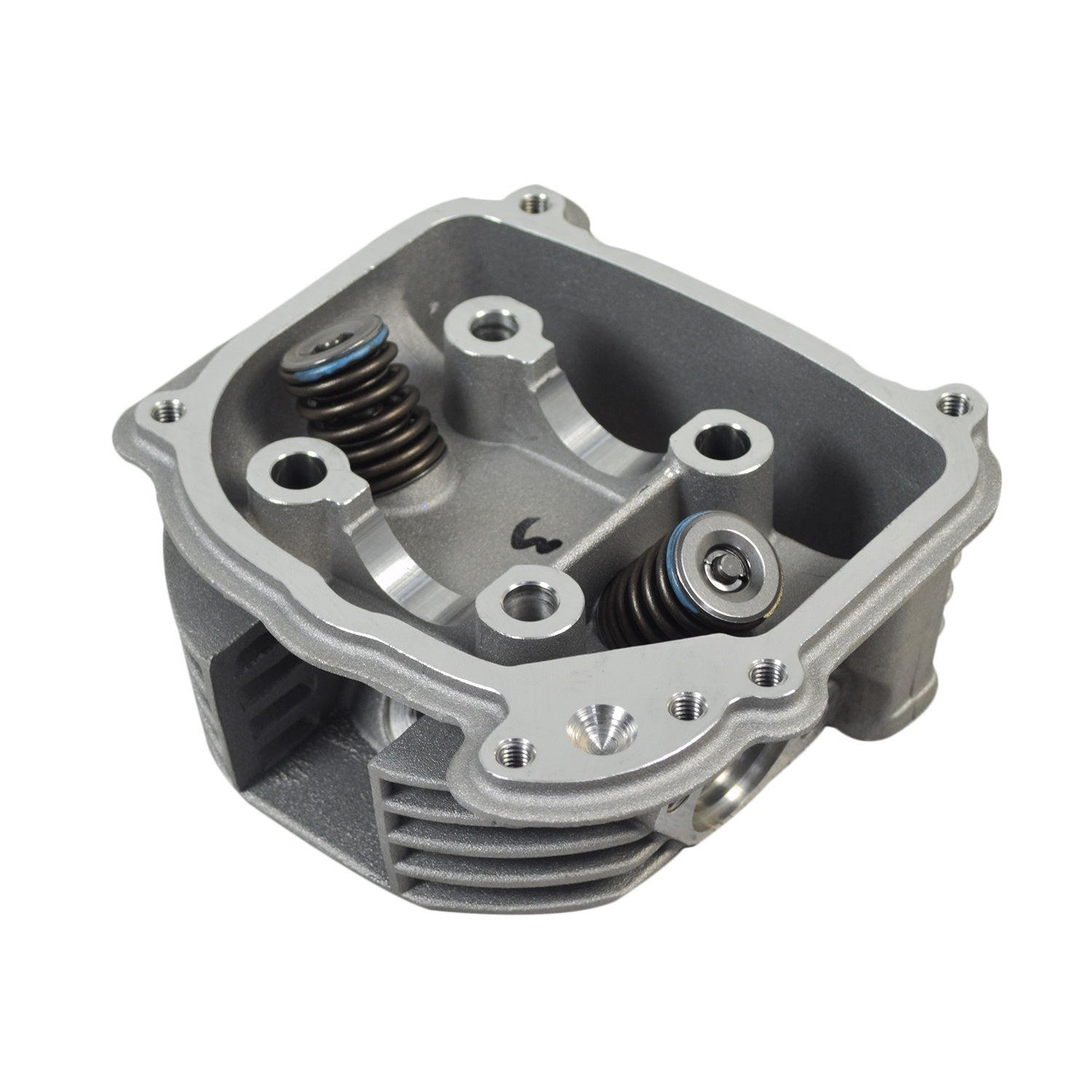 Big Valve Cylinder Head for 150cc GY6 Engines, featuring a robust metal structure, visible springs, and a close-up of the coil and metal cylinder, ideal for enhancing engine airflow.