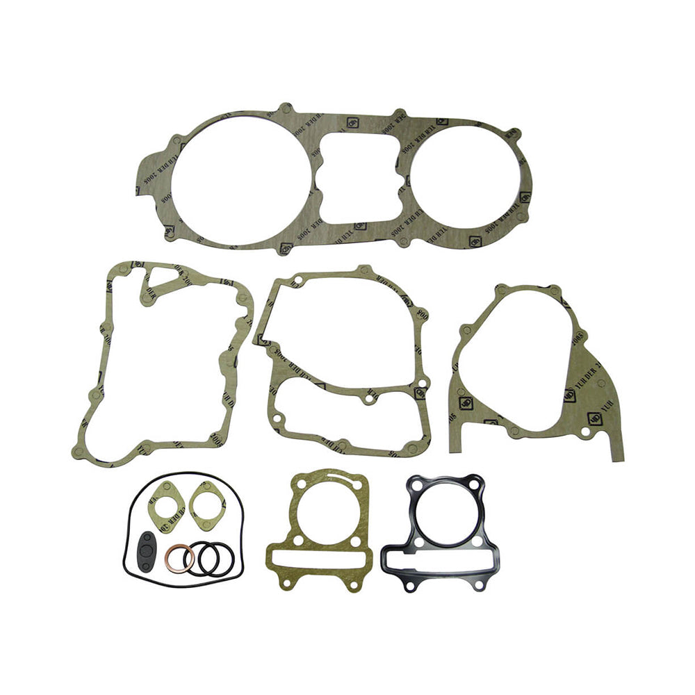 58.5 mm Engine Gasket Set for 50cc, 125cc, and 150cc GY6 Engines, featuring multiple gaskets including circular ones with holes, essential for engine maintenance and performance.