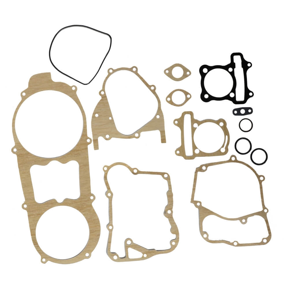 62 mm Engine Gasket Set for 50cc, 125cc, and 150cc GY6 Engines, showing various gaskets including black rings, a black gasket with a hole, and close-ups of car engine gaskets.