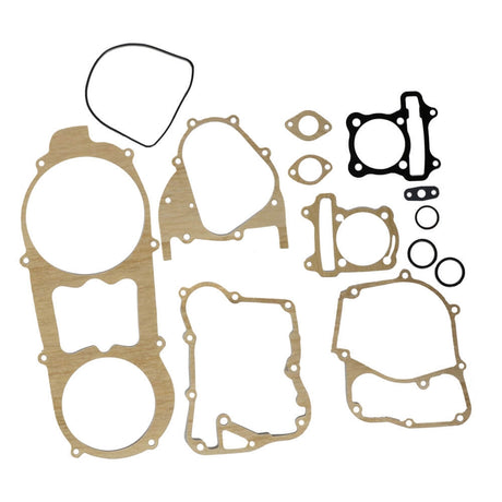 62 mm Engine Gasket Set for 50cc, 125cc, and 150cc GY6 Engines, showing various gaskets including black rings, a black gasket with a hole, and close-ups of car engine gaskets.