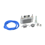 Oil Cooler for the Honda Ruckus (NPS50) by NCY, featuring a dense array of cooling fins, a coiled blue hose, metal connectors, and various mounting components, designed to optimize engine oil cooling efficiency.