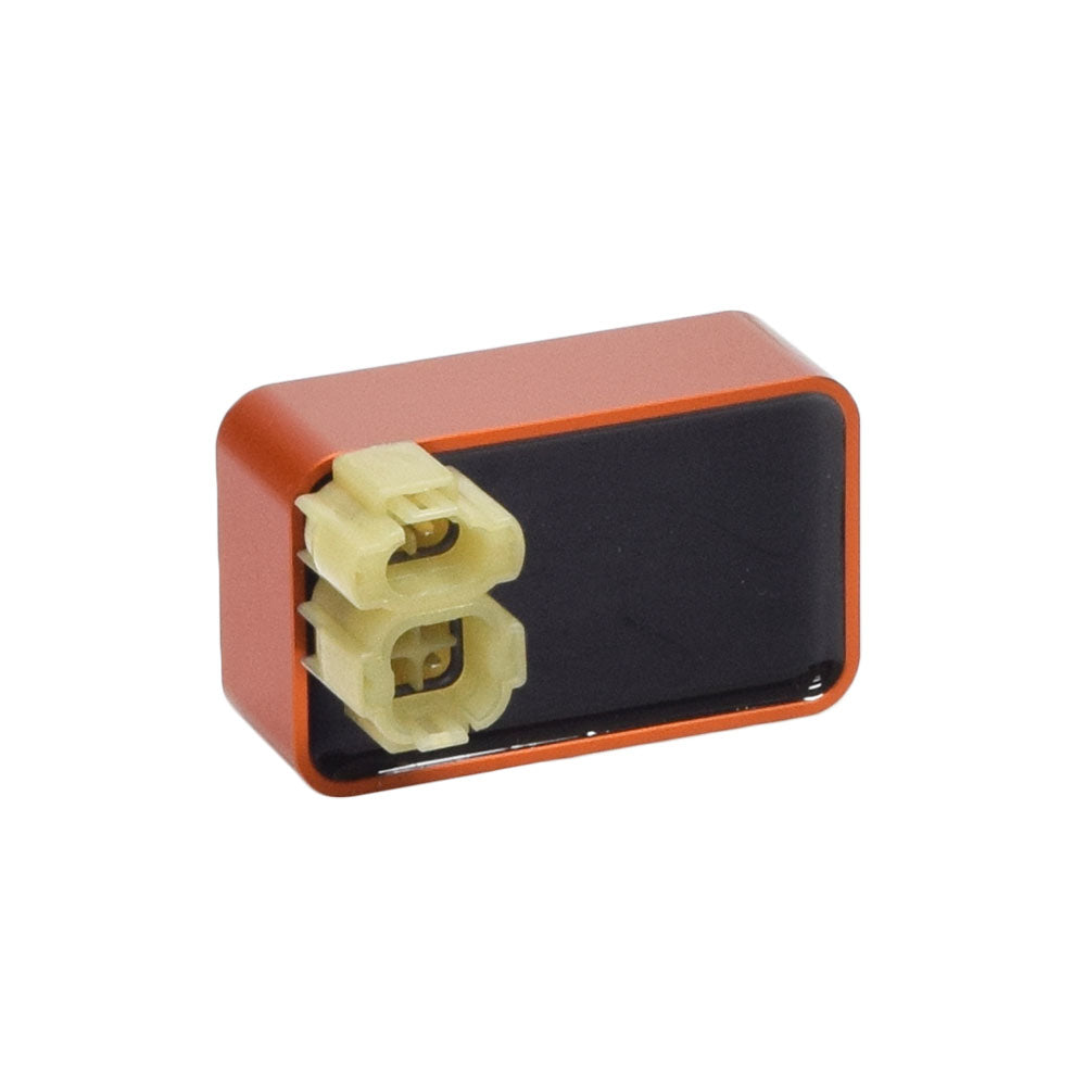 NCY High Performance No Rev Limit CDI Module for 50cc, 125cc, and 150cc GY6 Engines, featuring an orange and black rectangular design with visible connectors and plugs.