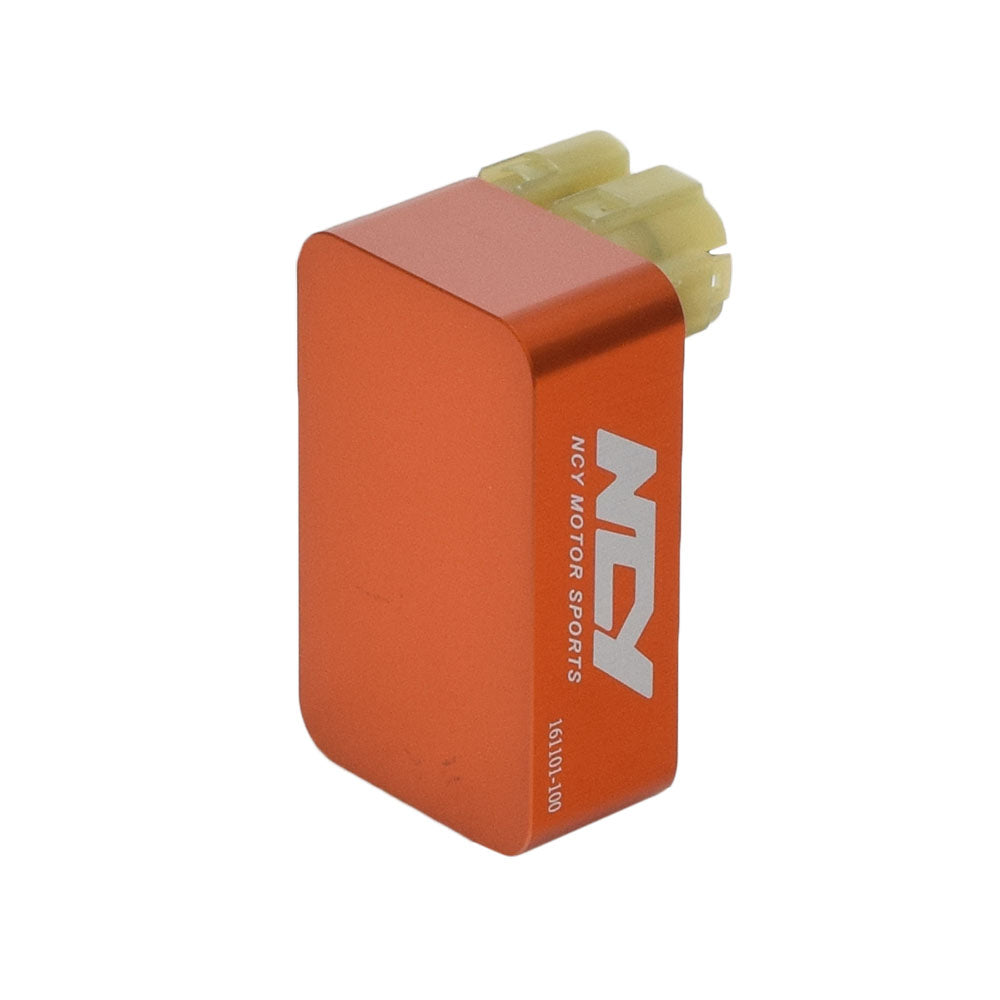 NCY High Performance No Rev Limit CDI Module for 50cc, 125cc, and 150cc GY6 Engines, shown in an orange rectangular billet aluminum case with white text.