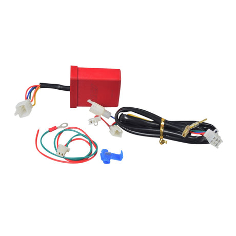 High Performance No Rev Limit CDI Module (Ignitor) for the Honda Ruckus (NPS50) featuring a red box with visible wires and connectors, designed to enhance acceleration and power by advancing ignition timing.