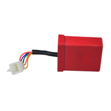 High Performance No Rev Limit CDI Module (Ignitor) for the Honda Ruckus (NPS50), featuring a red box with attached wires and a visible plug, designed to enhance scooter performance.