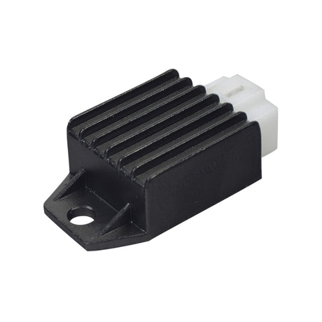 High Performance Voltage Regulator for the TaoTao EVO 150 Scooter, featuring black and white connectors, designed to boost power and enhance light brightness for improved visibility.