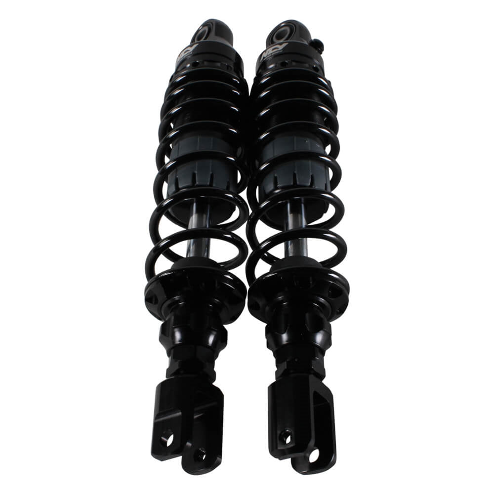 Pair of black rear shocks for the Honda PCX by NCY, shown close-up.