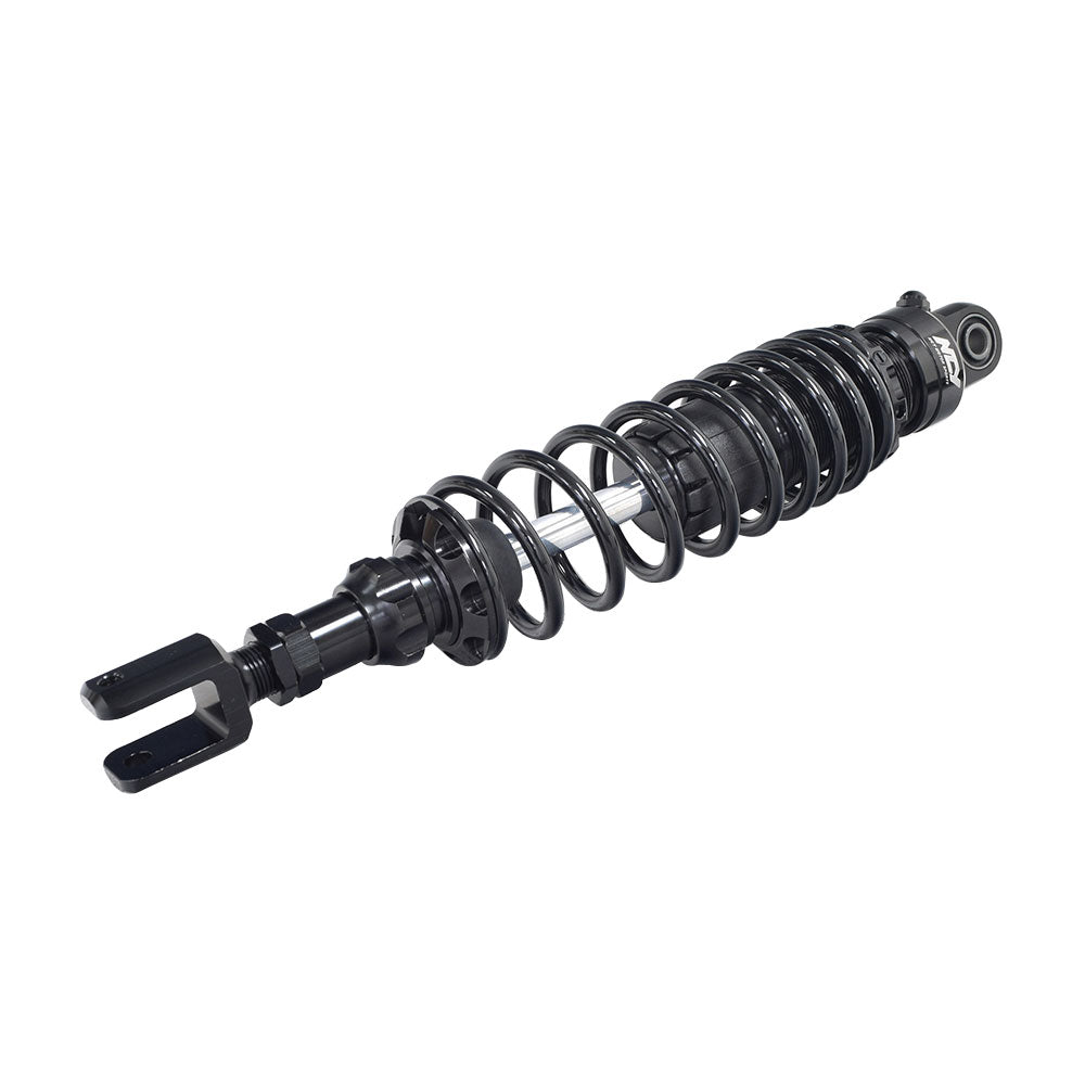 Rear Shocks for the Yamaha Zuma 125 by NCY, featuring a black shock absorber with a coil spring. Sold as a pair, these high-performance rear shocks enhance your scooter's suspension.