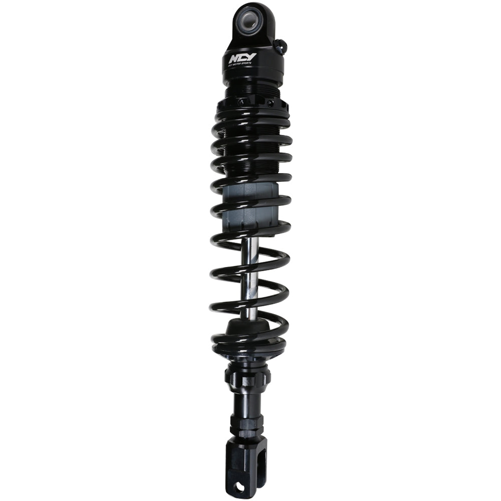 Rear Shocks for the Yamaha Zuma 125, featuring a black shock absorber with a metal spring, designed for high performance. Sold as a pair from NCY.