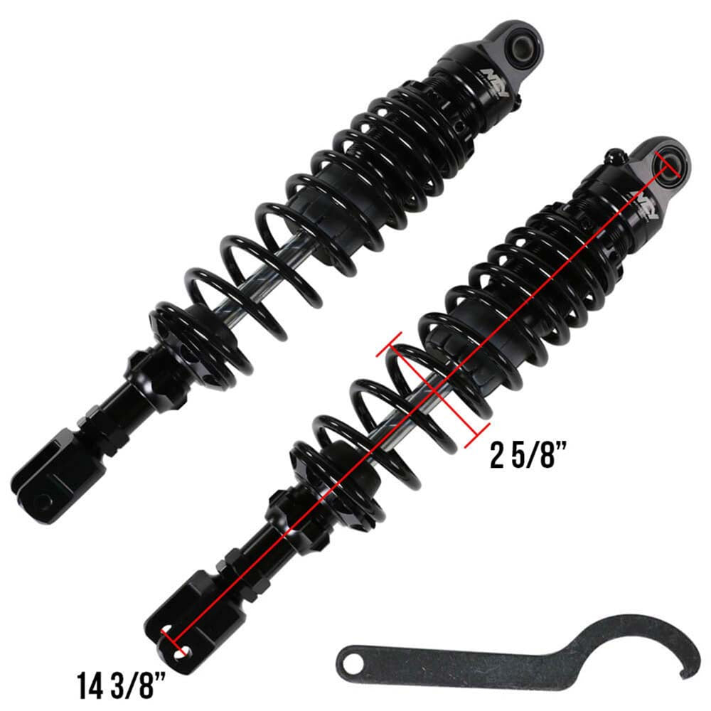 Rear Shocks for the Yamaha Zuma 125, featuring a black coil spring and metal components. Includes a wrench for installation. High-performance and sold as a pair for optimal scooter suspension.