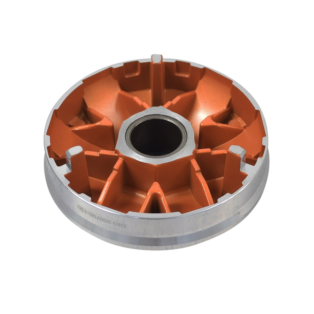 Lightweight Variator Pulley for 50cc GY6 QMB139 Engines, featuring a circular metal design with visible orange and silver details, showcasing close-up views of its high-quality craftsmanship.