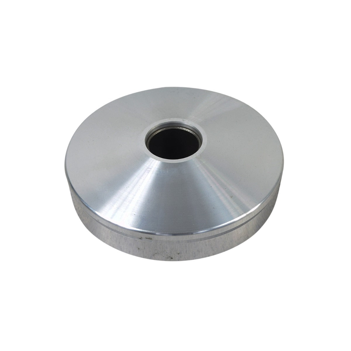 Lightweight Variator Pulley for 50cc GY6 QMB139 Engines, a round silver metal object with a central hole, designed for enhanced scooter performance with Teflon-coated roller tracks.