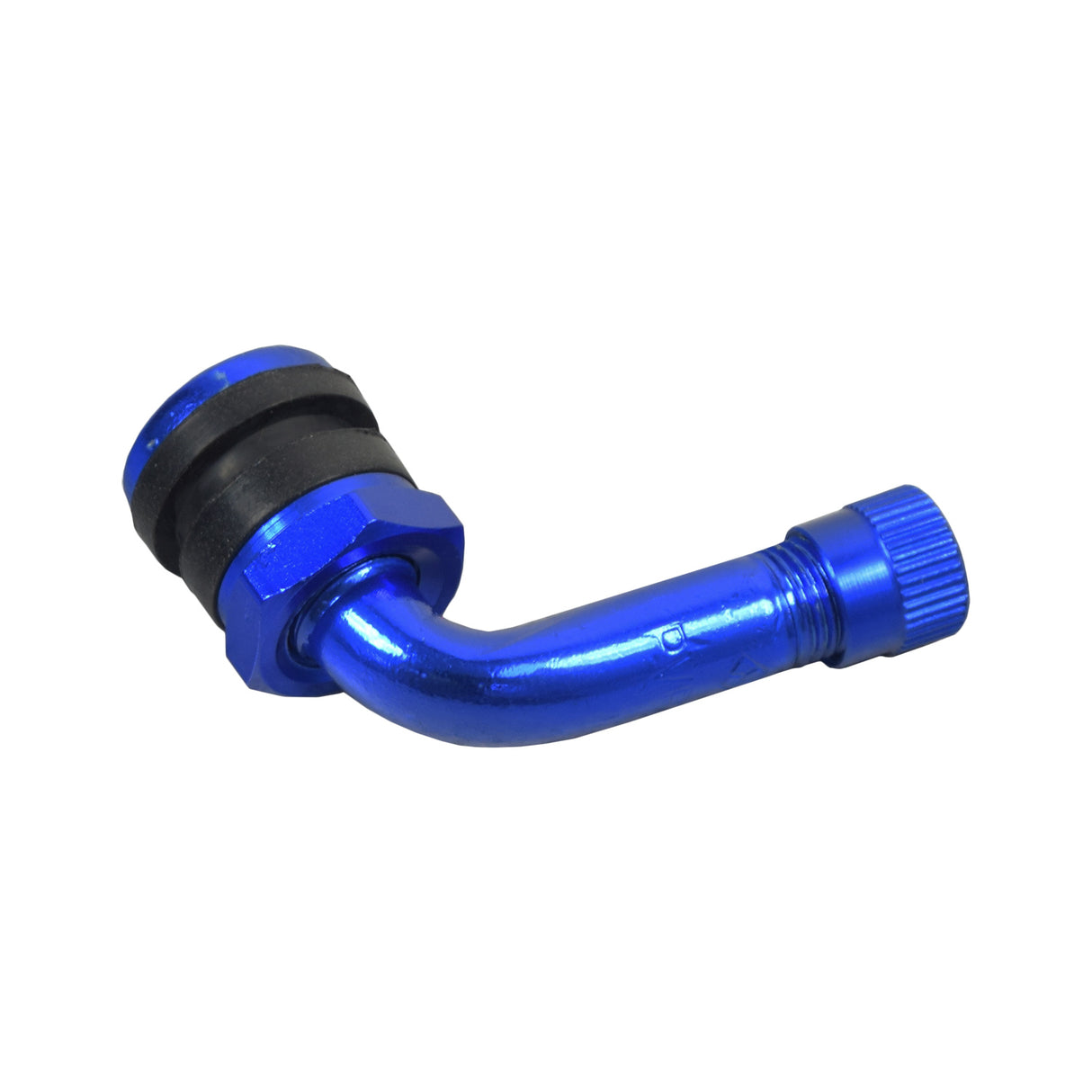 90 Degree Valve Stem for Tubeless Rim Applications, featuring a high-quality blue and black metal design, with a close-up of the valve stem's blue handle and screw, ideal for competitive riding modifications.