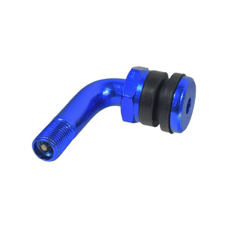 90 Degree Valve Stem for Tubeless Rim Applications, featuring a sturdy blue and black metal design with a tapered seat for 10 mm and 12 mm rim openings, ideal for competitive riding.