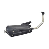 GY6 150 Stage 1 Performance Kit (NCY) showcasing a black muffler with a silver handle and tube, part of a high-quality exhaust system for enhancing scooter performance.