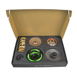 GY6 150 Stage 1 Performance Kit (NCY) featuring a boxed set with transmission parts, including a variator, clutch assembly, flywheel, and a stainless NCY exhaust system with muffler, pipe, and clamp.