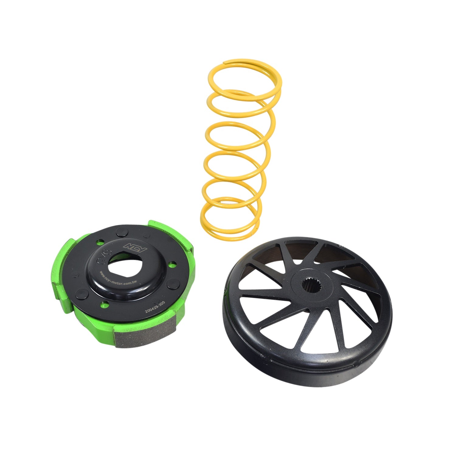 GY6 150 Stage 1 Performance Kit (NCY) featuring a black and green metal variator, yellow coil spring, clutch assembly, drive face, flywheel, and a sleek stainless exhaust system with muffler, pipe, and clamp.