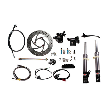 Front End Kit for the Honda Ruckus (NPS50) & Metropolitan (CHF50) featuring a close-up of a disc brake, titanium gray shocks, dual piston caliper, rotor disc, brake lever, master cylinder, and stainless brake lines.