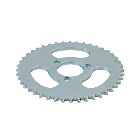 8mm 05T Chain Sprocket - 44 Tooth - 1.14 Mounting Hole Circle (x3 Holes); a close-up of a silver gear with a central hole and three mounting holes.