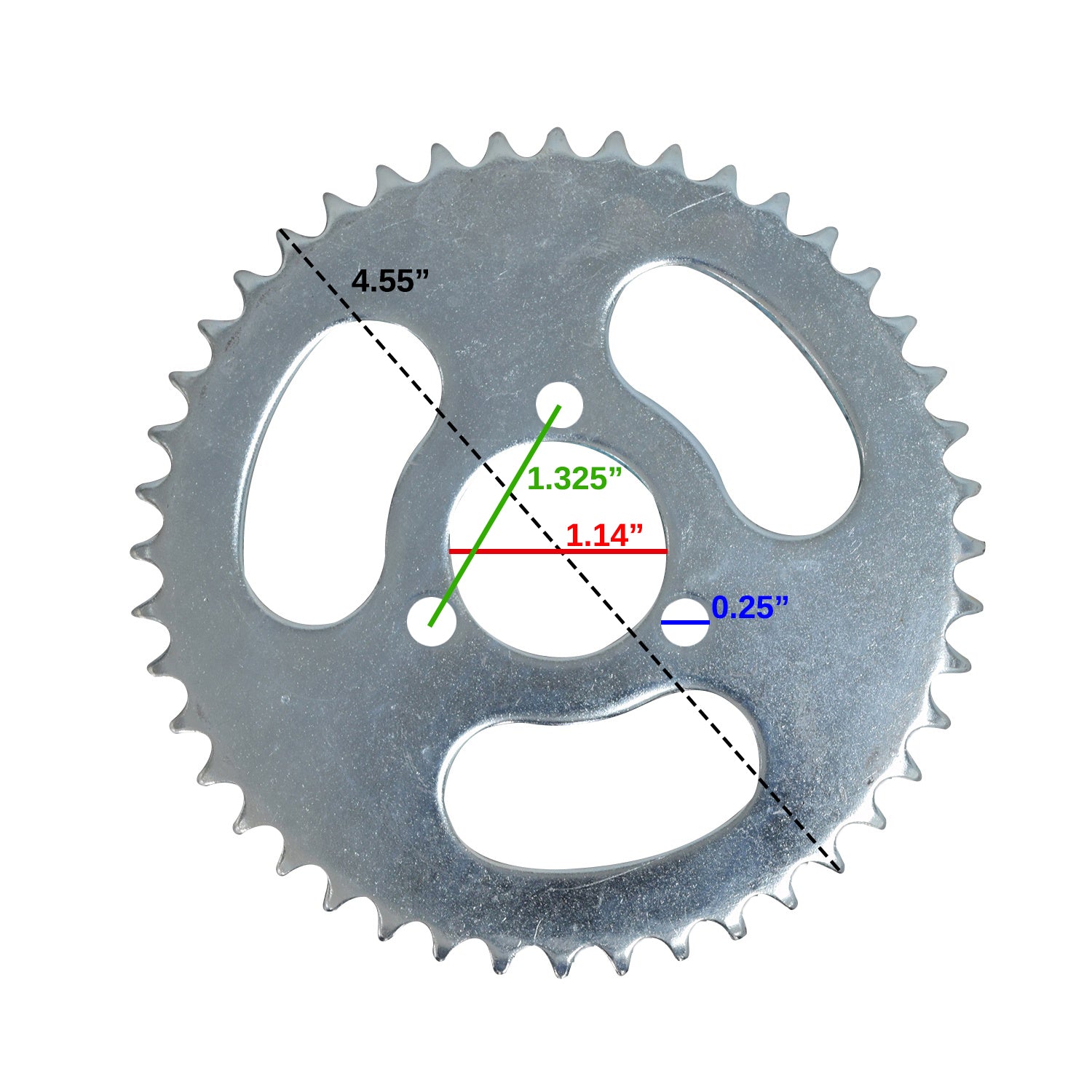 8mm 05T Chain Sprocket - 44 Tooth - 1.14 Mounting Hole Circle (x3 Holes); close-up of a silver gear with precise teeth and three mounting holes.