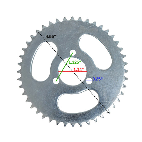 44 Tooth 8mm 05T Rear Wheel Sprocket for the Motovox MVS10 stand-up scooter, showing a detailed close-up of the metal gear with precision-cut teeth and multiple circular mounting holes.