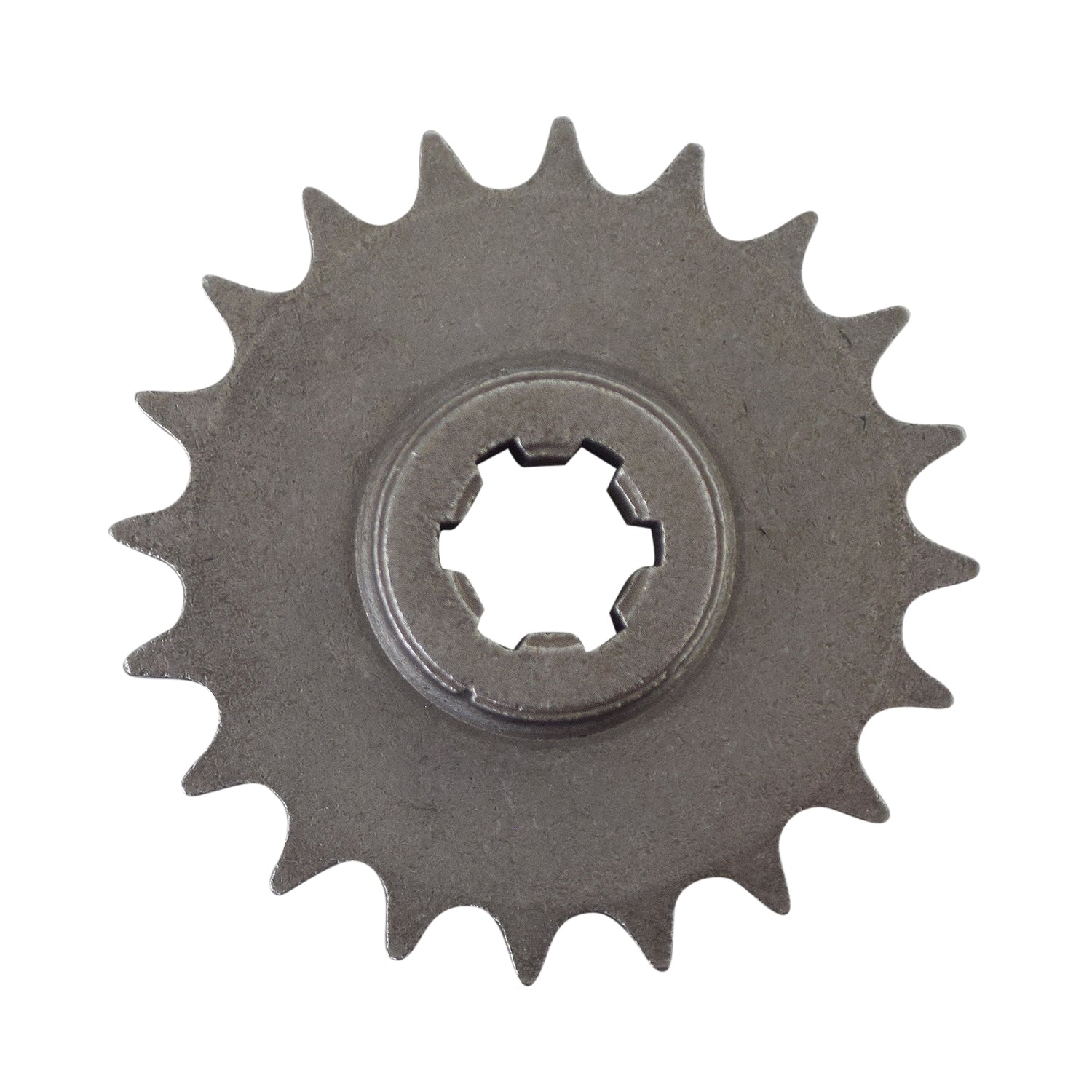 Close-up of an 8mm 05T Chain 20 Tooth Drive Sprocket for 49cc & 52cc gas scooter engines, highlighting its precise metal gear teeth and intricate design, used for attaching to the transmission spindle.