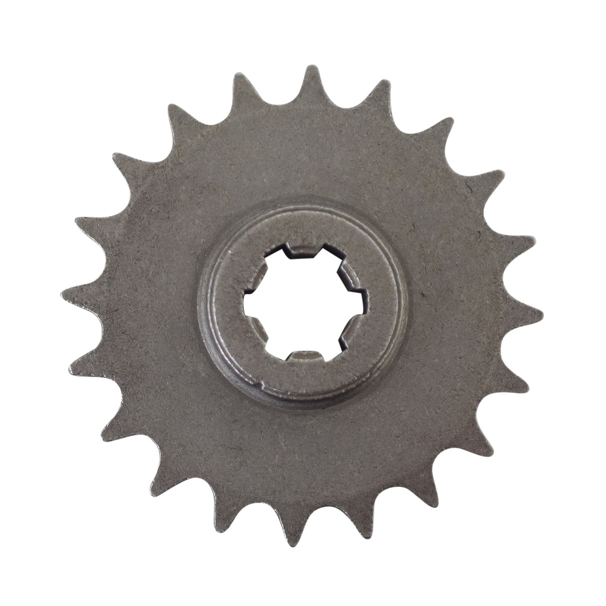 Close-up of an 8mm 05T Chain 20 Tooth Drive Sprocket for 49cc & 52cc gas scooter engines, highlighting its precise metal gear teeth and intricate design, used for attaching to the transmission spindle.