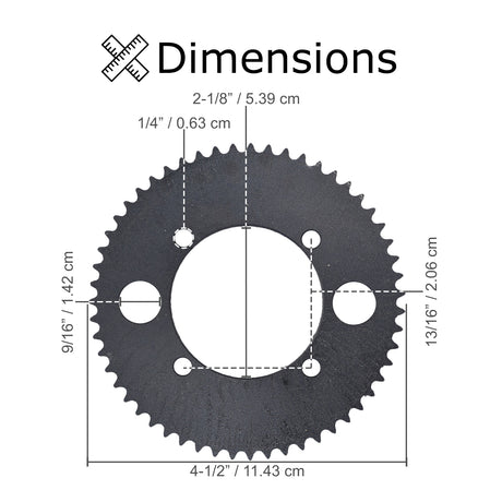 Diagram depicting the #25 Chain Sprocket with 55 teeth and four 1/4 diameter mounting holes, spaced 2-9/16 apart, used for gas & electric scooters, pocket bikes, and skateboards.