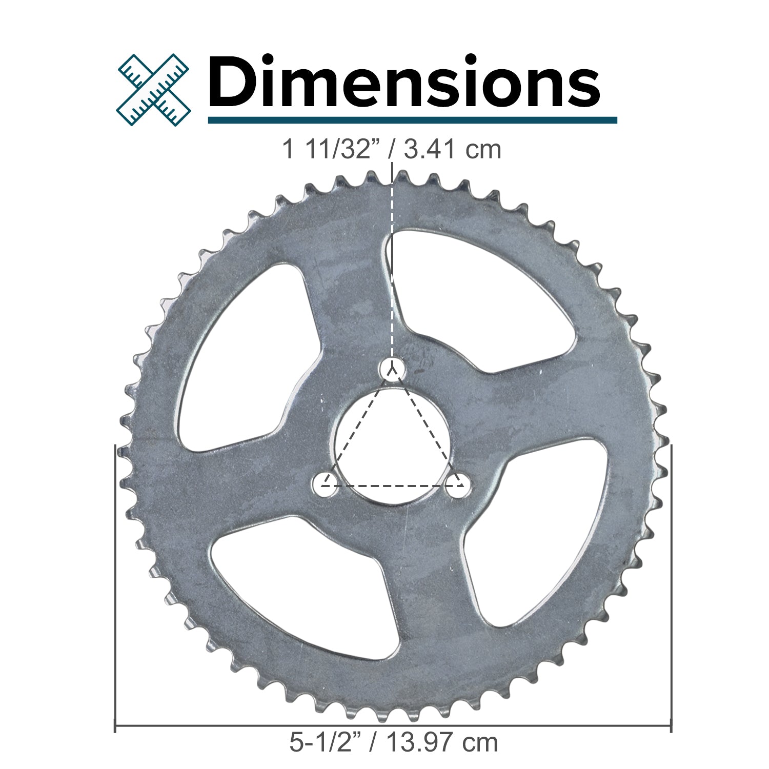 8mm 05T Scooter Chain Sprocket with 54 Teeth and 1-5/8 Mounting Hole Circle (x3 Holes) showing detailed close-up of the gear's teeth and mounting holes, highlighting its metal construction.