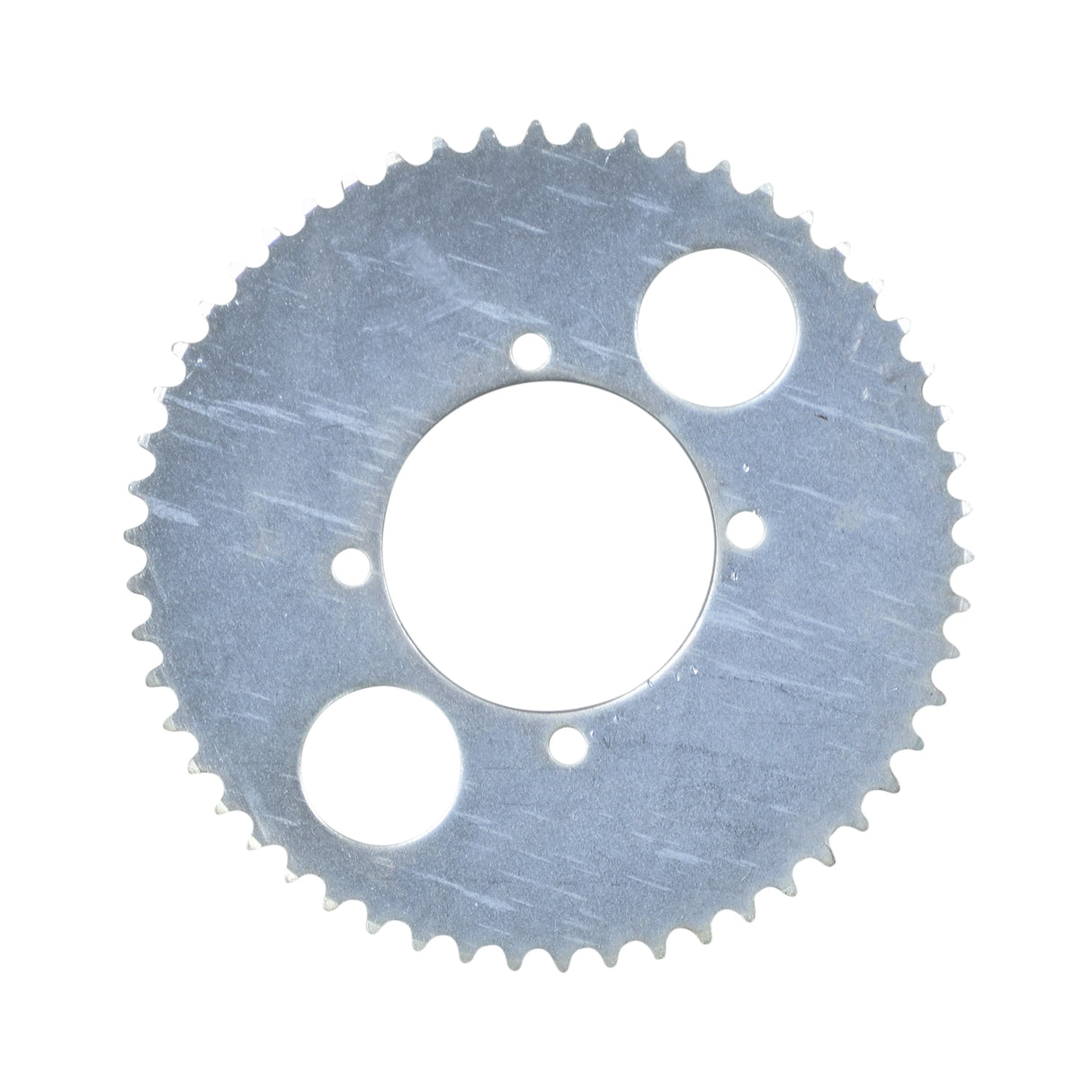 Close-up of an 8mm Chain Sprocket - 54 Tooth, featuring a 2-9/16 mounting hole circle with four holes, designed for 49cc & 52cc engine gas scooters, pocket bikes, and choppers.