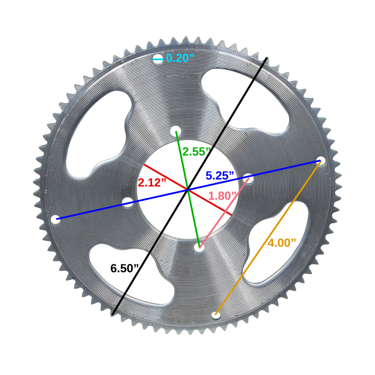 #25 Chain Sprocket - 80 Tooth - 2-9/16 Mounting Hole Circle (x4 Holes), close-up of a circular metal gear showing teeth and mounting holes.