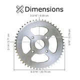 420 Chain 50 Tooth Rear Sprocket for the Baja MB165 & MB200 Mini Bike. Diagram showcasing the sprocket's gear design with detailed dimensions and close-ups of the teeth.