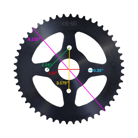 420 Chain 50 Tooth Rear Sprocket for the Coleman CT200U Trail & CT200U-EX Mini Bikes, featuring a black circular gear with visible teeth and a central hole, designed for mini bike rear wheels.