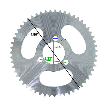 #25 Chain Sprocket for Currie Scooters with 3 Holes and 55 Teeth, showing a close-up of the circular metal gear with precise measurements and the three distinct holes.