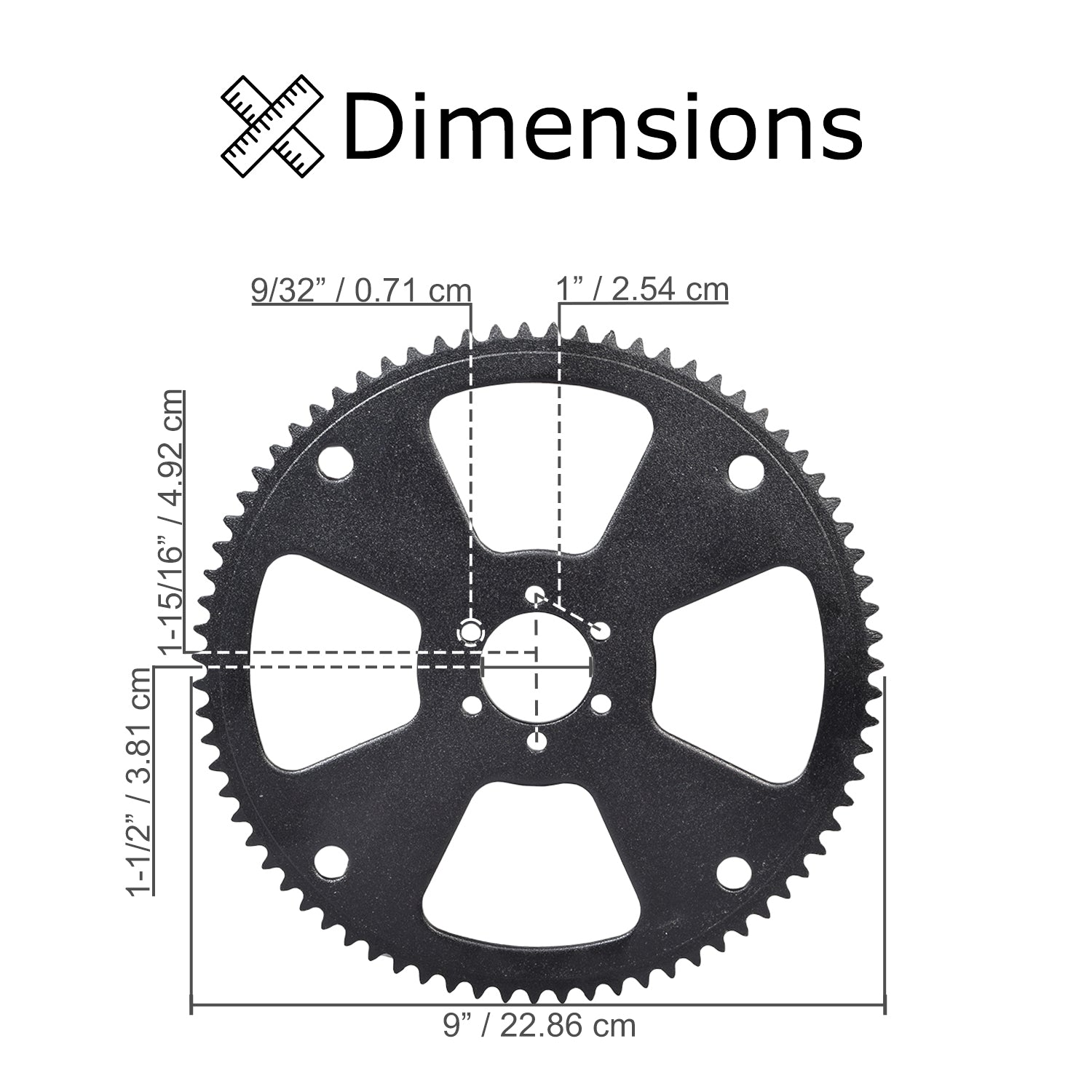 75 Tooth #35 Chain Rear Wheel Sprocket for Coleman, Monster Moto / Mega Moto, Motovox, & TaoTao Mini Bikes, featuring six inner mounting holes and precise gear design.