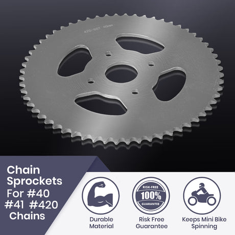 Close-up of the #40/41/420 Chain - 60 Tooth Rear Sprocket for Mini Bikes, showcasing its robust metal gear design suitable for heavy-duty trail and suburban use.