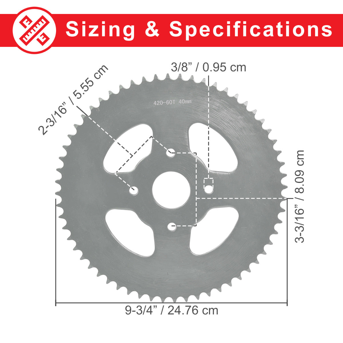 Diagram of the #40/41/420 Chain - 60 Tooth Rear Sprocket for Mini Bikes, showcasing its gear structure and measurements, highlighting its suitability for heavy-duty trail use and suburban riding.