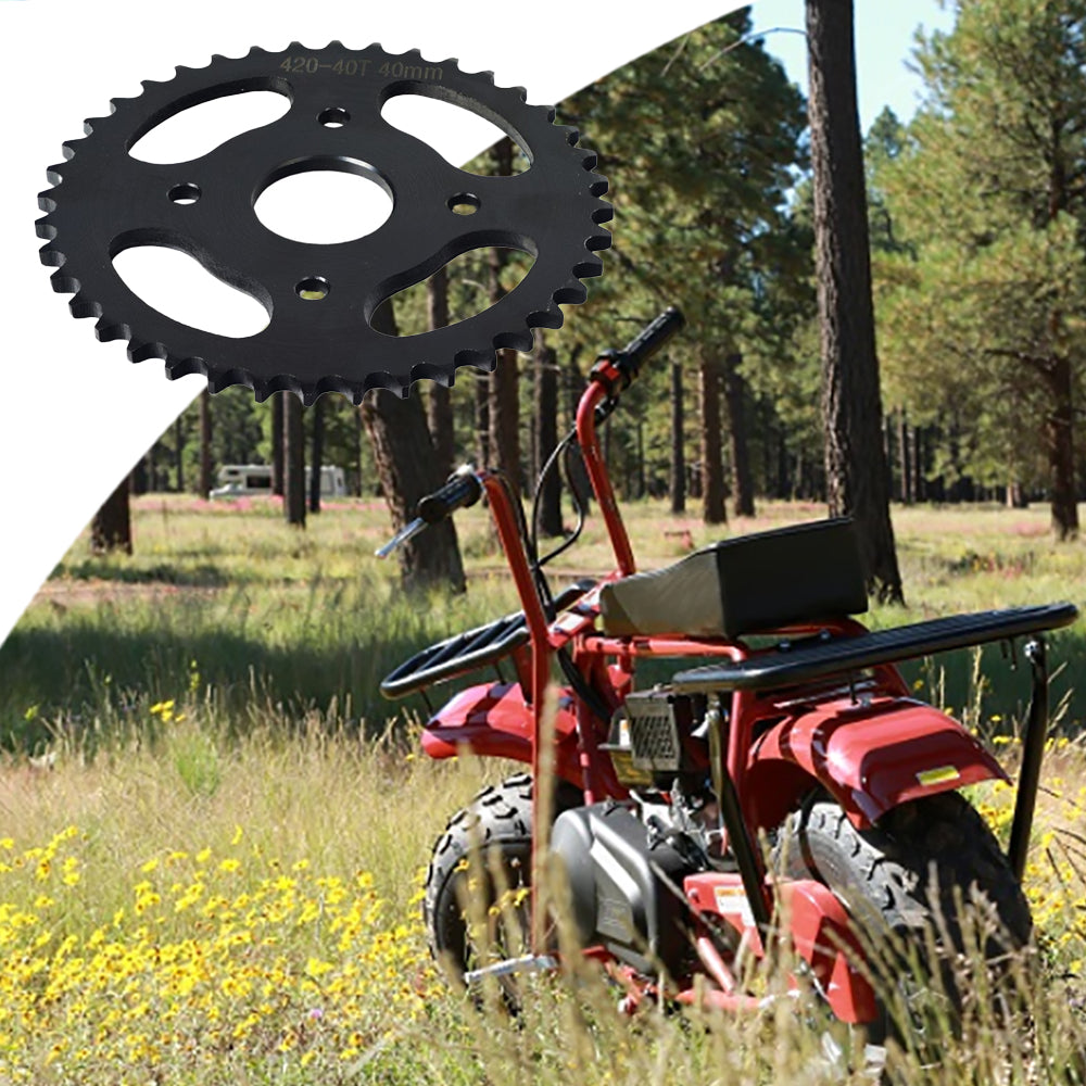 #40/41/420 Chain - 40 Tooth Rear Sprocket for Mini Bikes, displayed on a red motorcycle in a field. The image highlights the sprocket's design and fit on the bike's rear wheel.