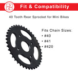 #40/41/420 Chain - 40 Tooth Rear Sprocket for Mini Bikes, featuring a black metal gear with a 1-9/16 center hole and four mounting holes, essential for mini bike performance.