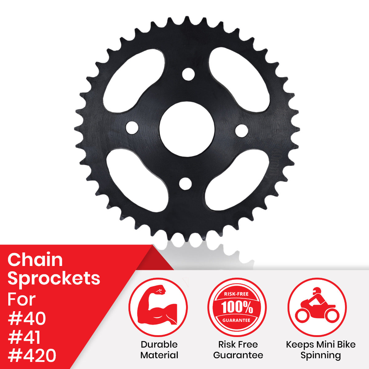 #40/41/420 Chain - 40 Tooth Rear Sprocket for Mini Bikes, a black gear with circular design, featuring a 1-9/16 center hole and four 5/16 mounting holes.