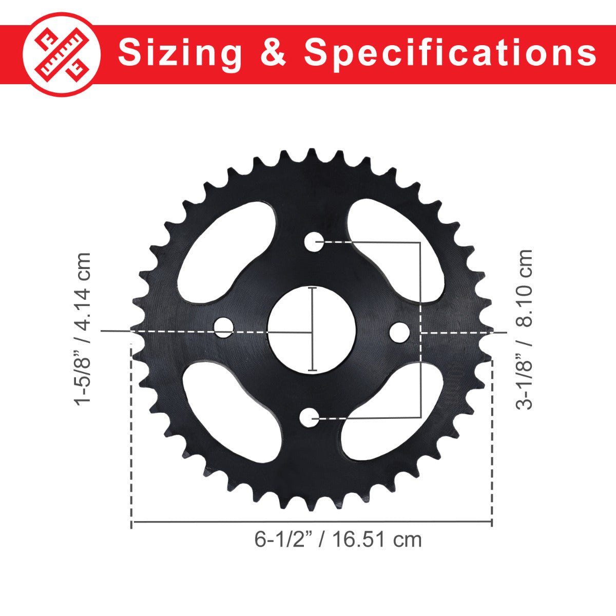 #40/41/420 Chain - 40 Tooth Rear Sprocket for Mini Bikes, featuring a circular black gear with a diagram and cross-section details, highlighting its precise measurements and mounting holes.