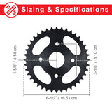 #40/41/420 Chain - 40 Tooth Rear Sprocket for Mini Bikes, featuring a circular black gear with a diagram and cross-section details, highlighting its precise measurements and mounting holes.