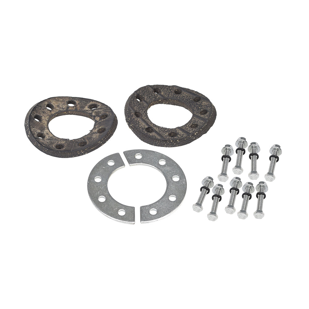 9-Hole Sprocket Mount Kit for 48cc - 80cc 2-Stroke Bicycle Engine Kits showing metal plates, rubber spacers, and hardware components for assembly.