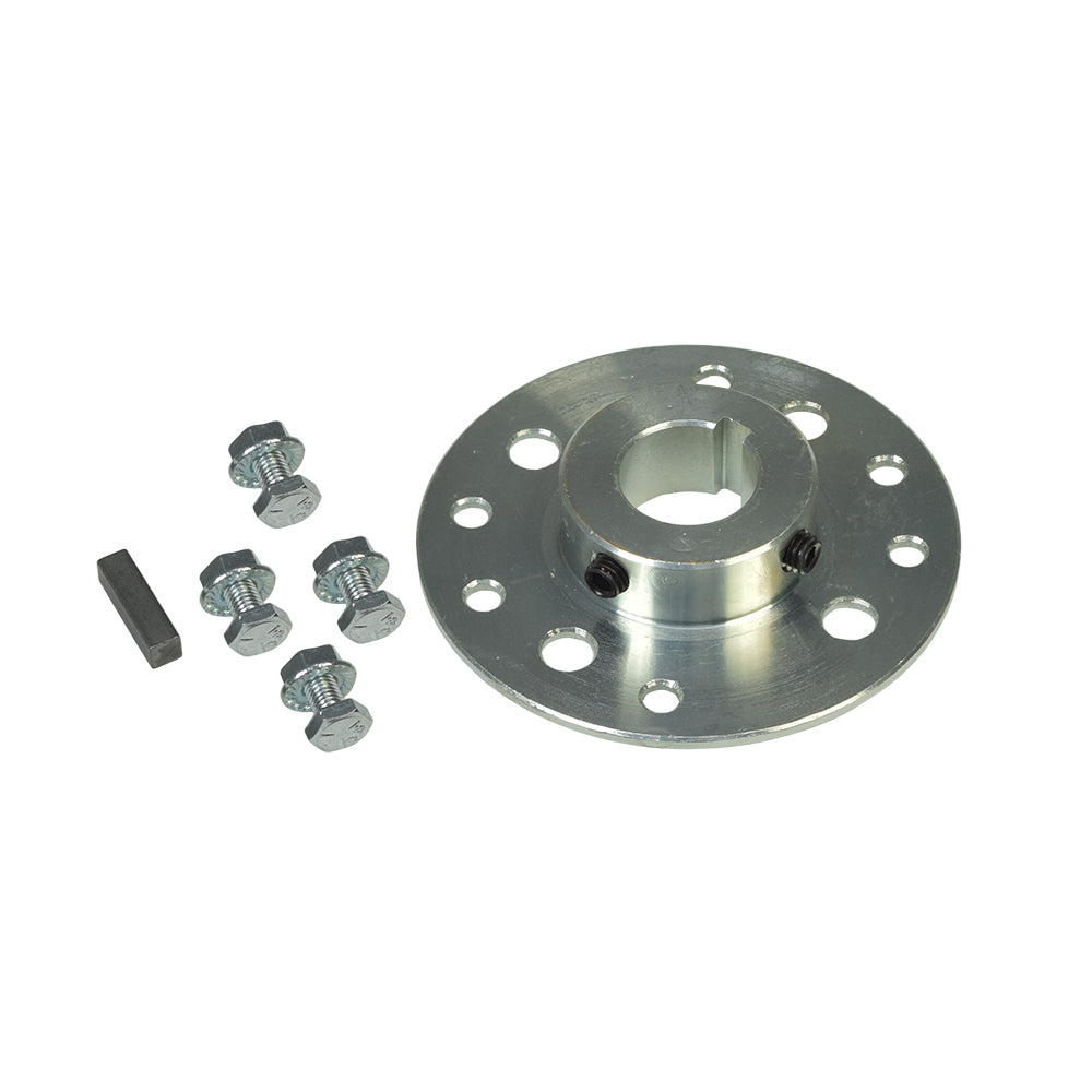 Sprocket Brake Hub with 1 Bore & 1/4 Keyway for Go-Karts shown with screws, bolts, and a metal rectangular piece, highlighting its adaptability for powersports machines.