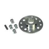 Sprocket Brake Hub with 1 Bore & 1/4 Keyway for Go-Karts shown with screws, bolts, and a metal rectangular piece, highlighting its adaptability for powersports machines.