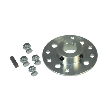 Sprocket Brake Hub with 1 Bore & 1/4 Keyway for Go-Karts shown with screws, bolts, and a metal rectangular piece, highlighting its adaptability for powersports machines.