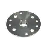 Sprocket Brake Hub with 1 Bore & 1/4 Keyway for Go-Karts; a silver circular metal object with multiple holes, designed for brake and sprocket mounting.