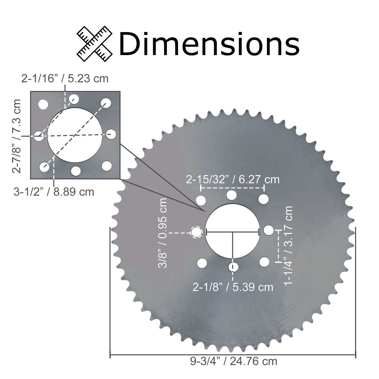 #40/41/420 Chain - 60 Tooth Sprocket for Go-Karts & Mini Bikes, showing a detailed drawing of a gear with measurements and eight mounting holes arranged in a square pattern.